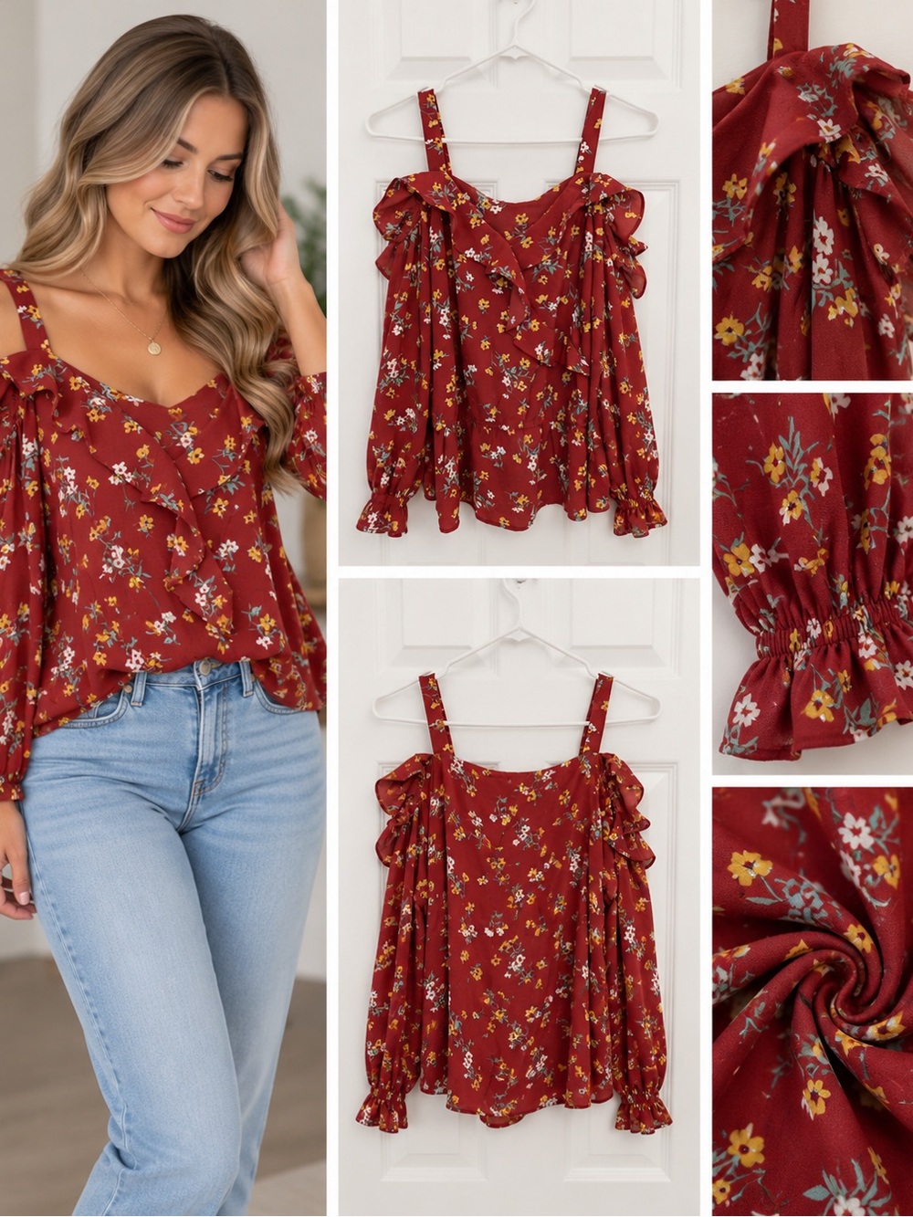 Rust Floral Cold-Shoulder Ruffle Blouse - Women